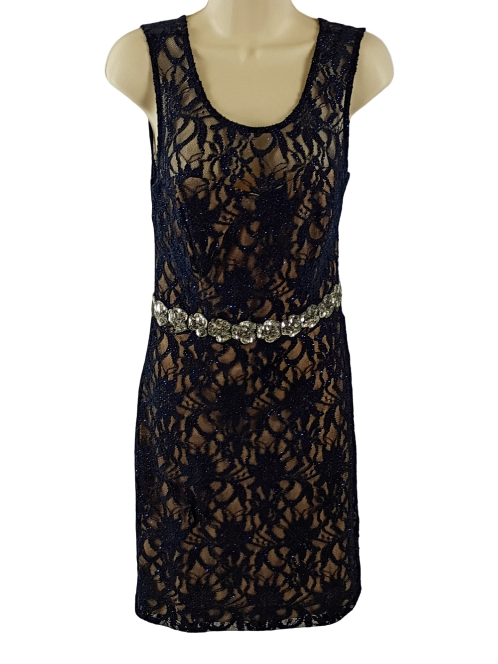 Deb Navy Glitter Lace Midi Dress with Crystal Belt